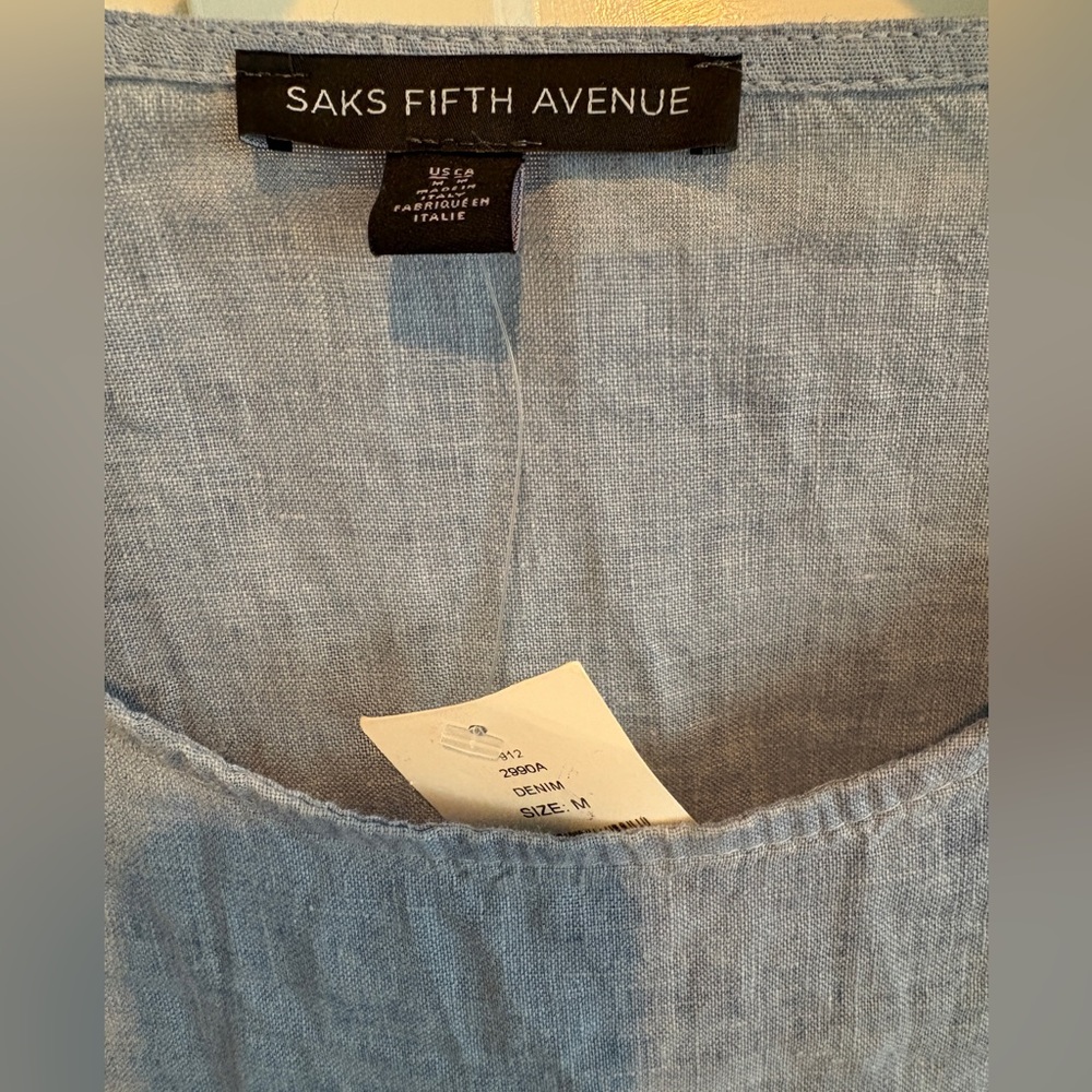 NWT Saks Fifth Avenue Dress Linen Drop Waist Babydoll Short Sleeve Ruffle Hem M - Picture 4 of 6